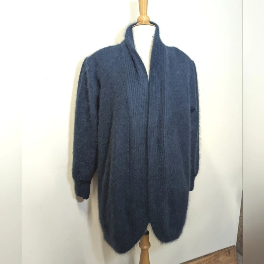 Vintage Oversized Open Front Cardigan Sweater Coat Blue Angora M Mohair 90s